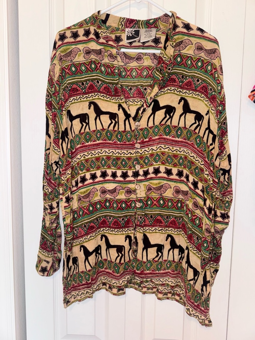 Vintage Multicolor Horse Print Button-Down Shirt